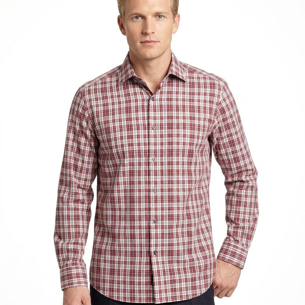Hugo Boss Red White Gray Plaid Button-Down Shirt Men Size 17R